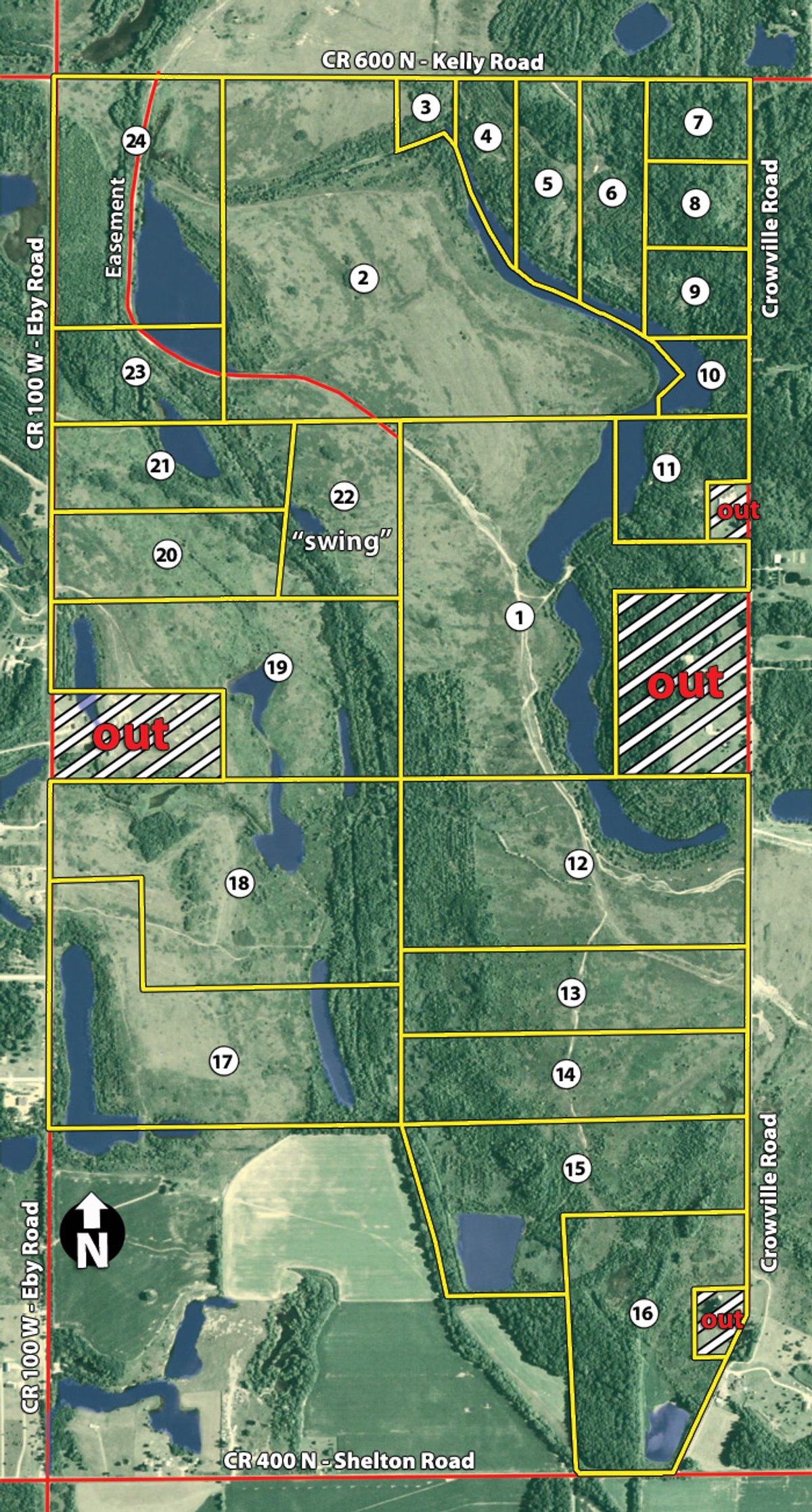 Tract map - 1,025 Acres in 24 Tracts - Exellent Recreation Opportunity - Potential Building Sites - 11 Lakes & Ponds