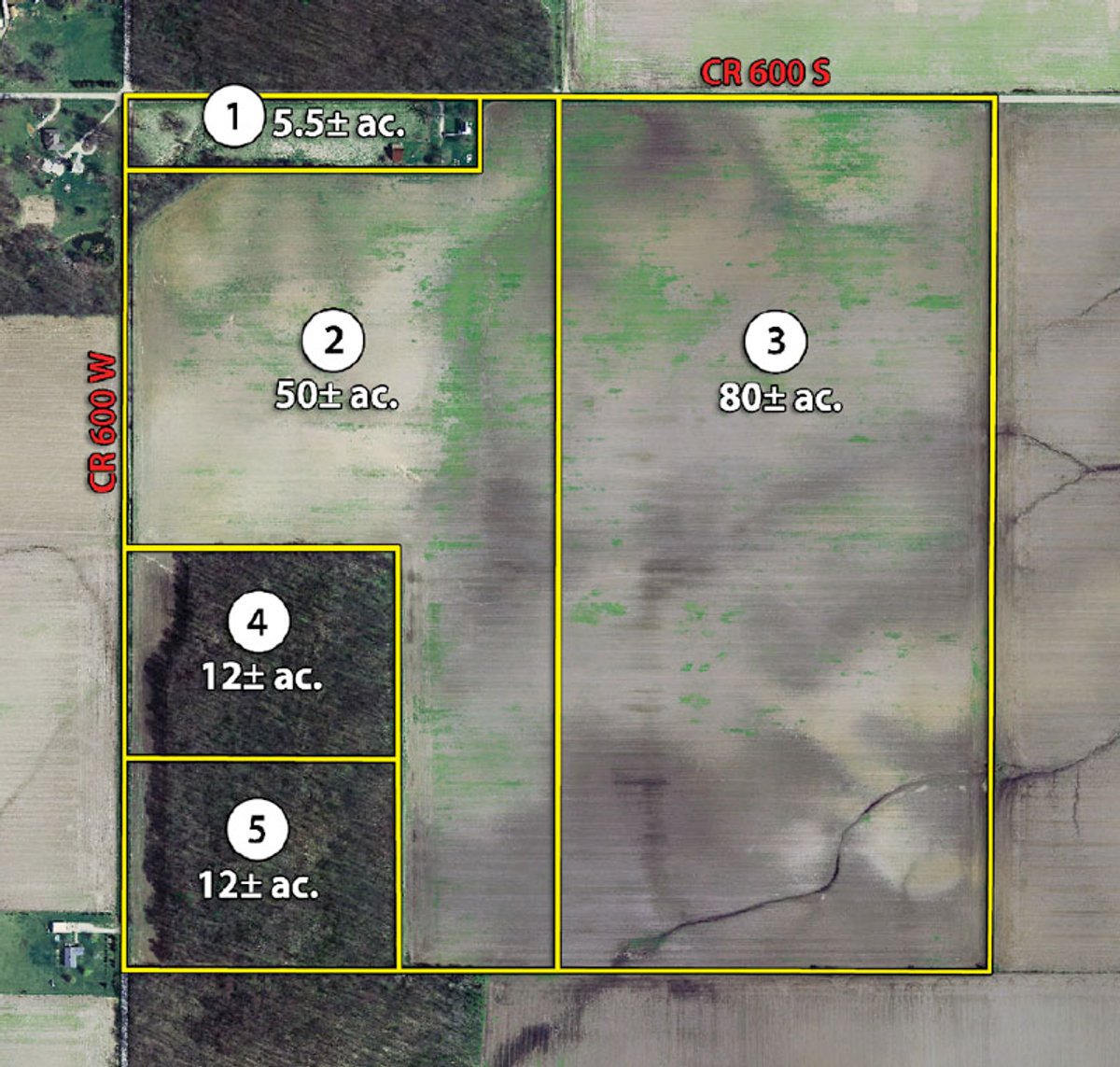 Tract map - 160 Acres in 5 Tracts - Productive Tillable Land & Hunter's Paradise