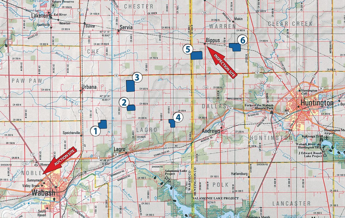 Area map - Important Indiana Land Auction, 975 Acres in 6 Tracts! Attention Farmers & Investors. 908 Acres of High Quality Tillable Farmland