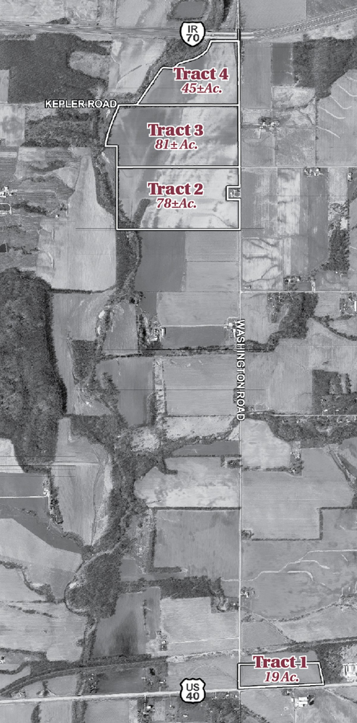 Tract map - 224 +/- Acres Offered in 4 Tracts