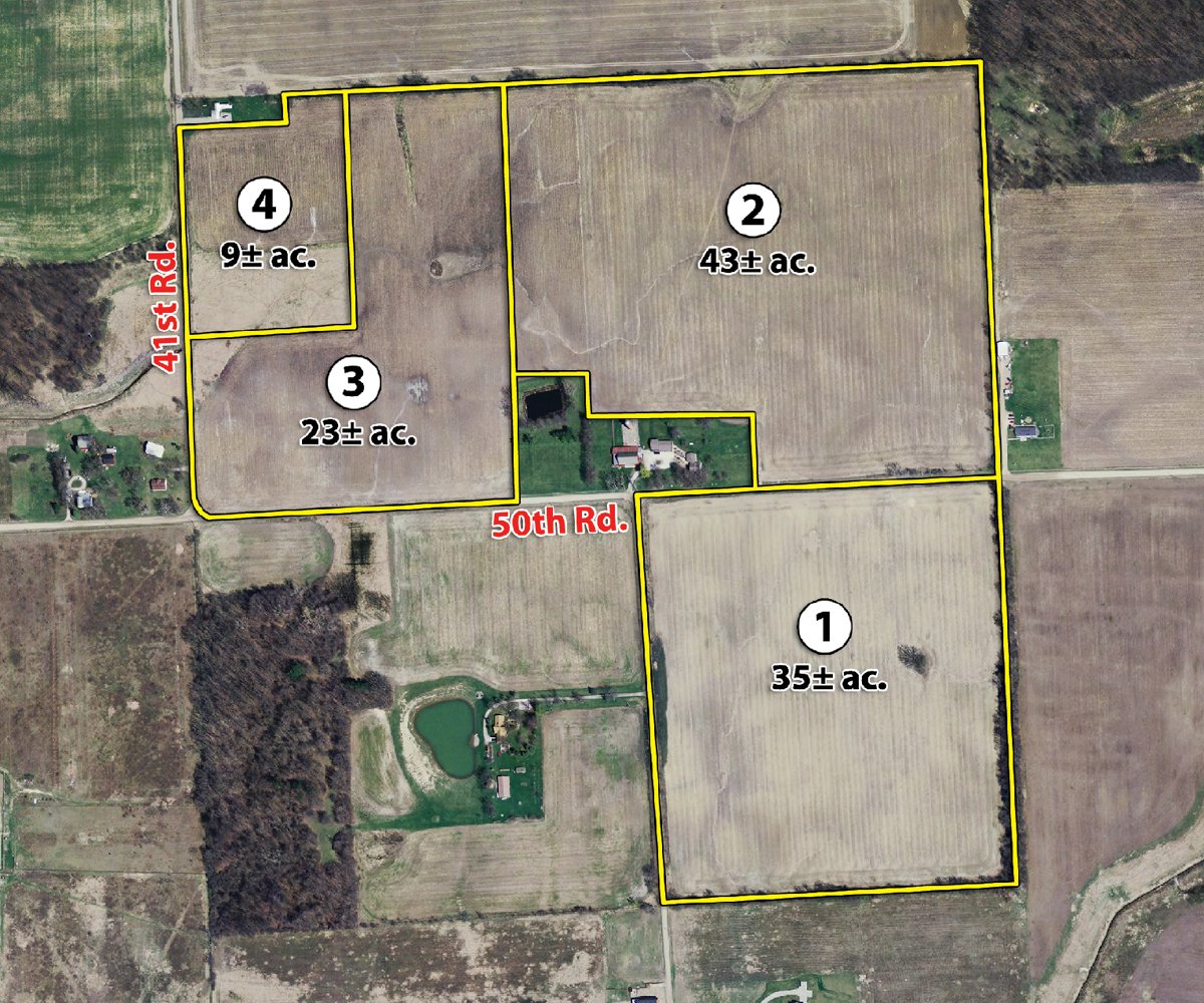 Tract map - 110+/- Acres offered in 4 Tillable Tracts