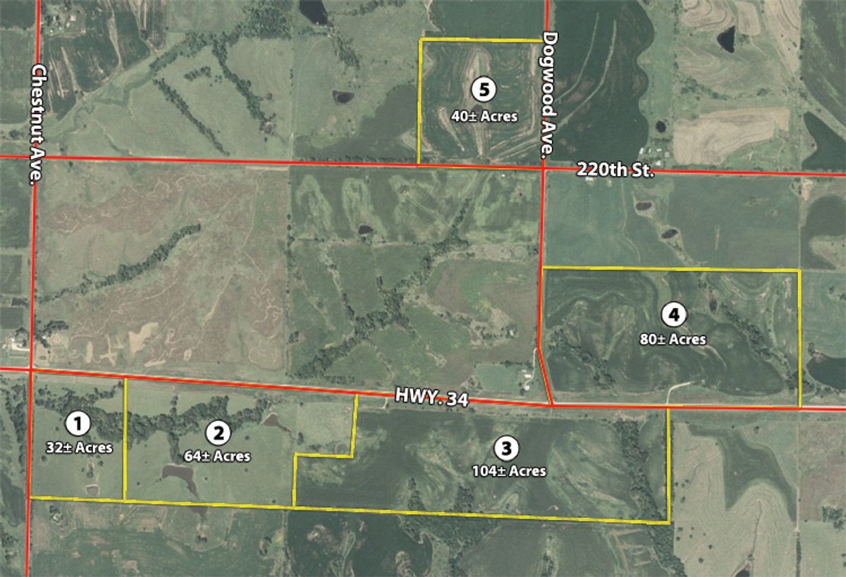 Tract map - Southwest Iowa Land Auction - Productive Tillable Land, Wooded Recreational Land