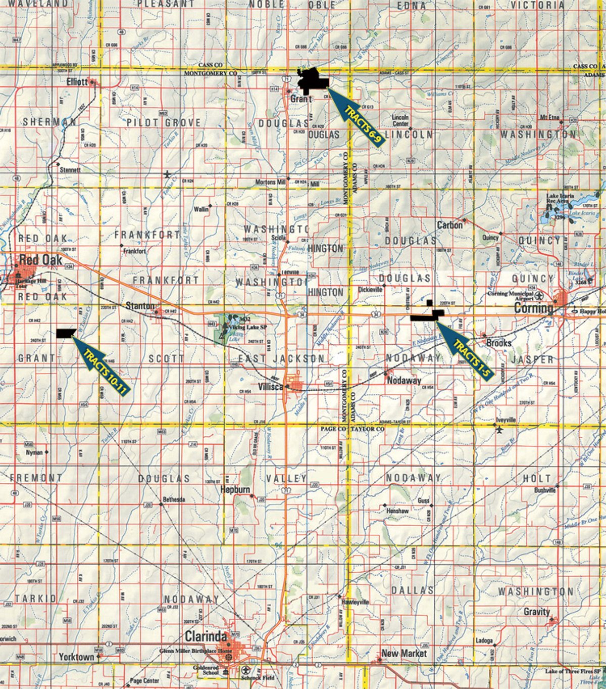 Area map - Southwest Iowa Land Auction - Productive Tillable Land, Wooded Recreational Land
