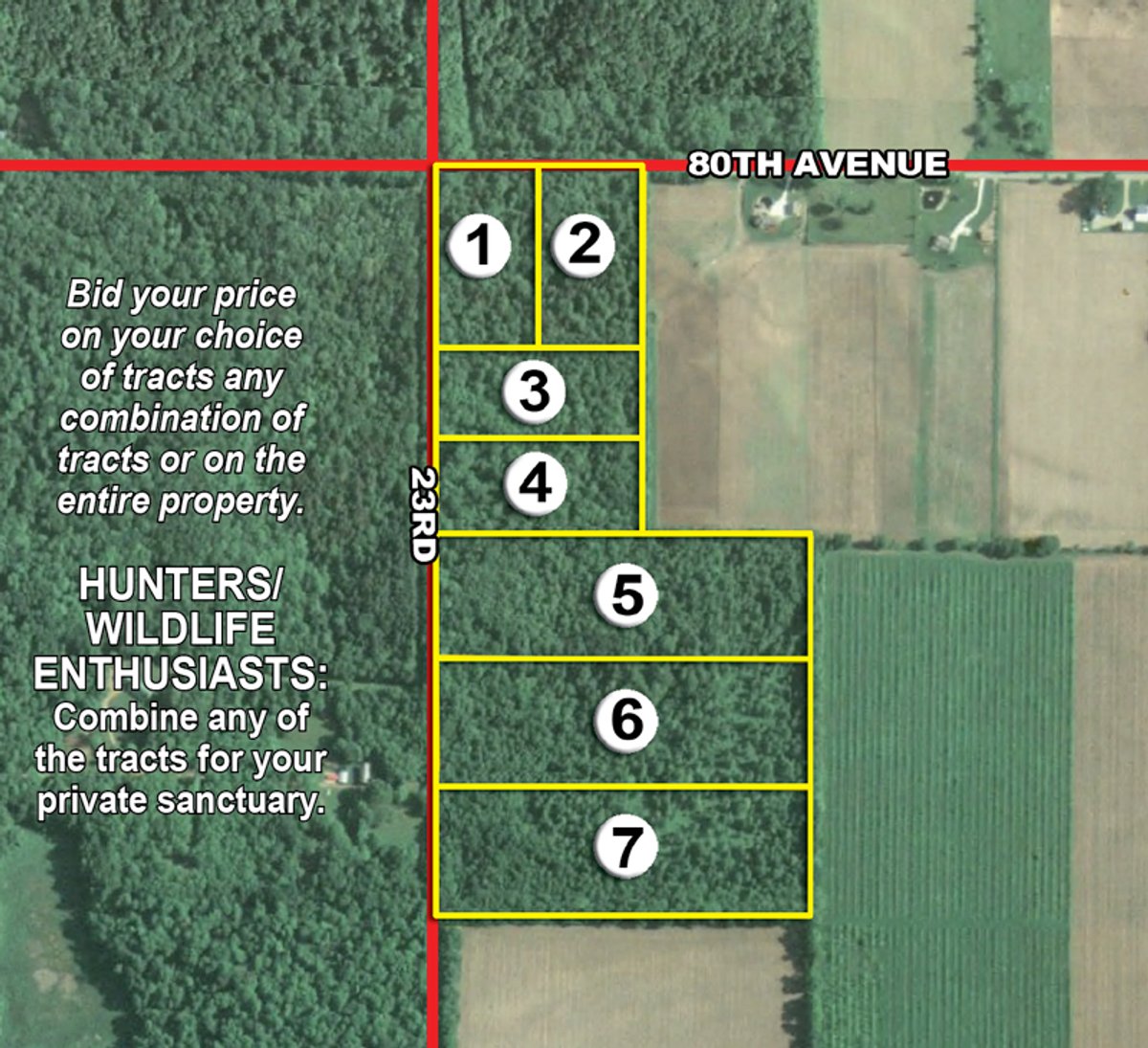 Tract map - 65 Acres Offered in 7 Tracts