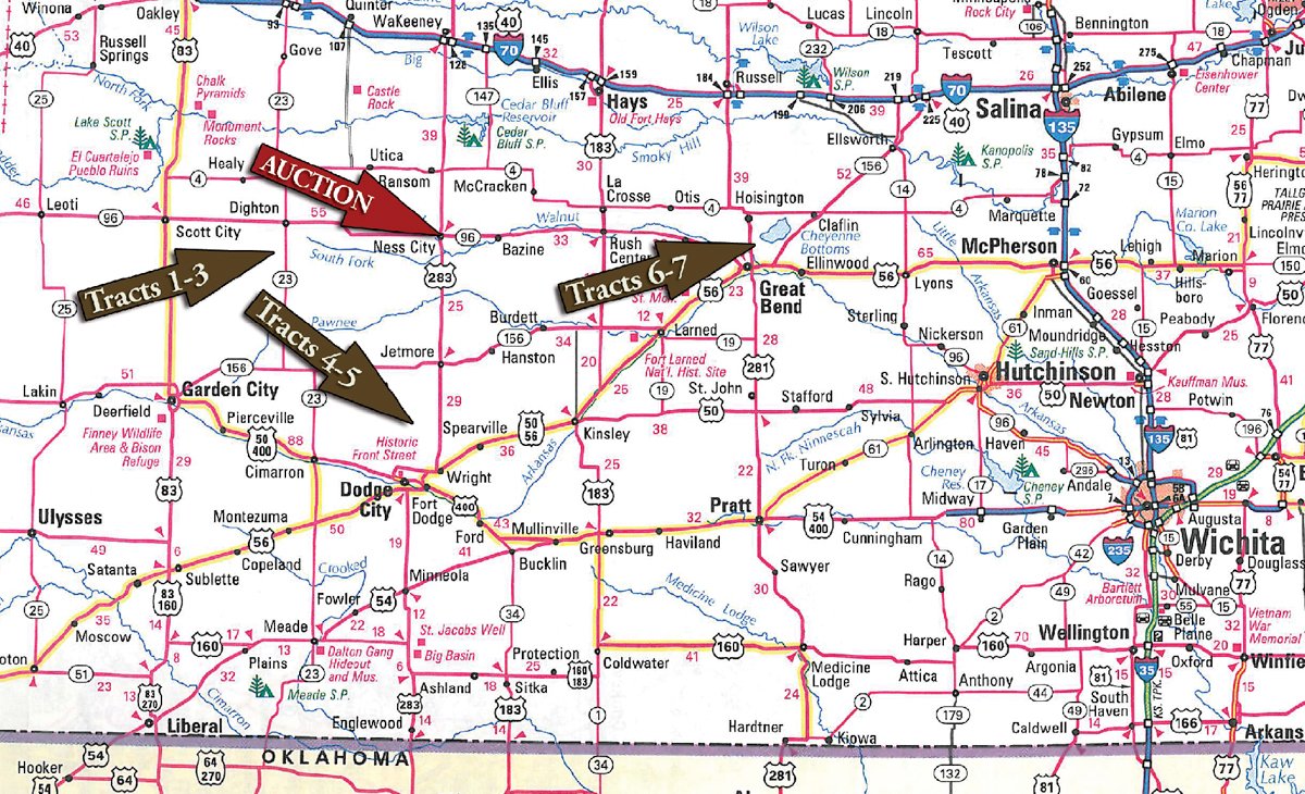 Area map - Kansas Land Auction - 960 Acres - 7 Farms in 3 Counties
