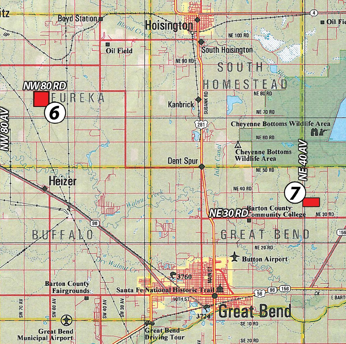 Area map - Kansas Land Auction - 960 Acres - 7 Farms in 3 Counties