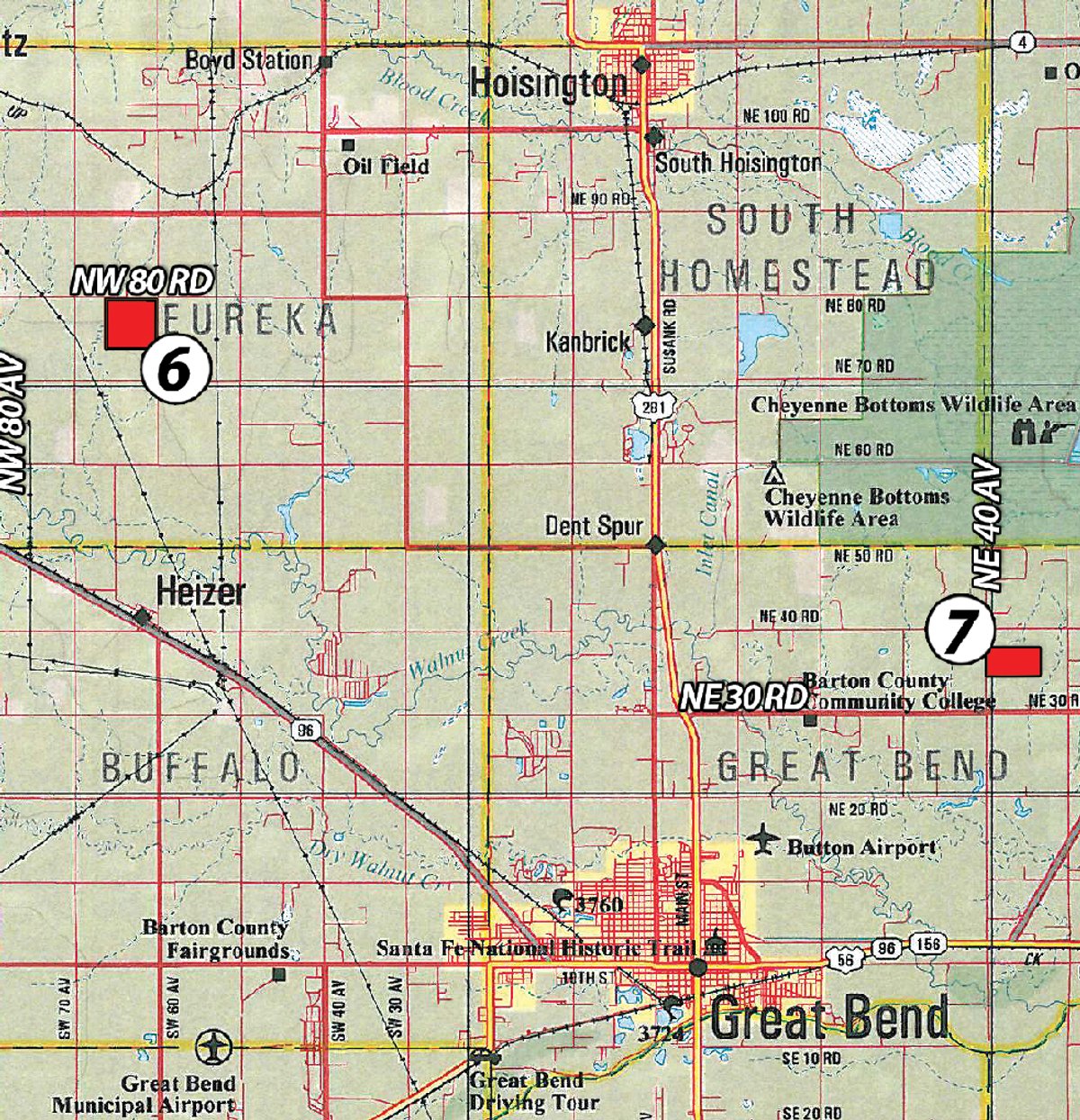 Area map - Kansas Land Auction - 960 Acres - 7 Farms in 3 Counties