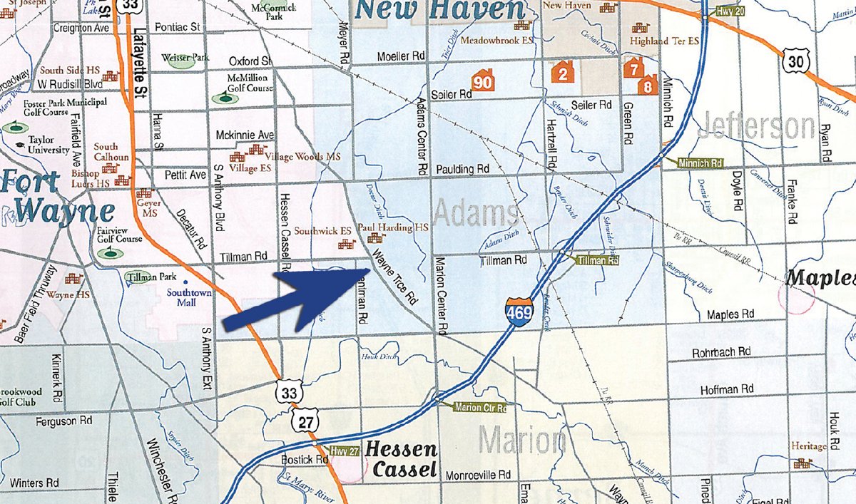 Area map - 1900's All Brick Home, Metal Frame Barn on 3.42 Acres