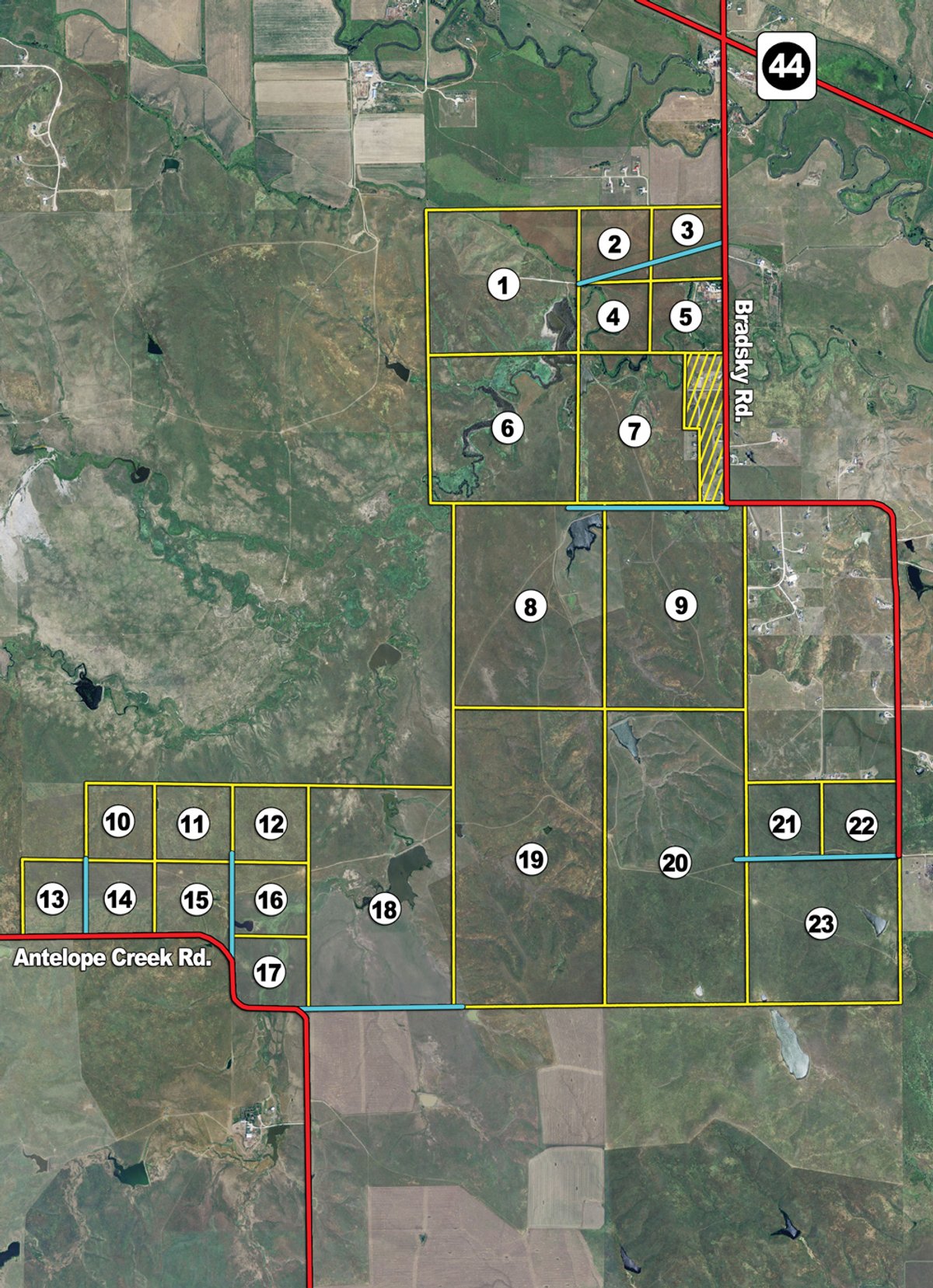 Tract map - Land Auction - 2,485 Acres in 23 Tracts, Prime Pasture, Newer Country Home