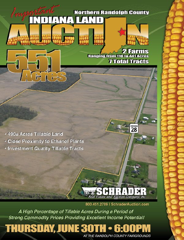 Sold: Important Indiana Land Auction - 551 Acres - 2 Farms in 7 Total Tracts - Northern Randolph County, Indiana