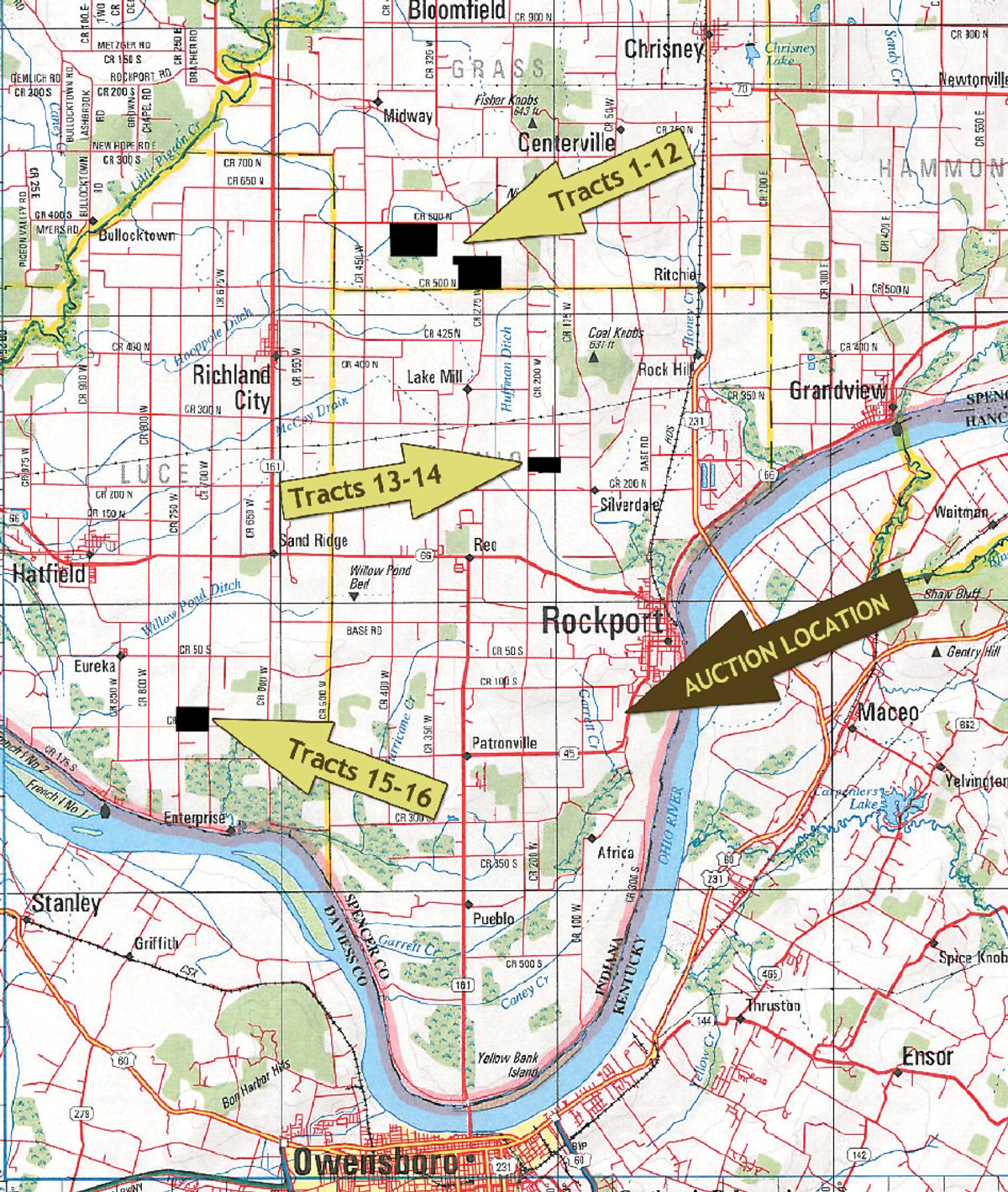 Area map - 641 Acres Offered in 16 Tracts - 545 Cropland Acres