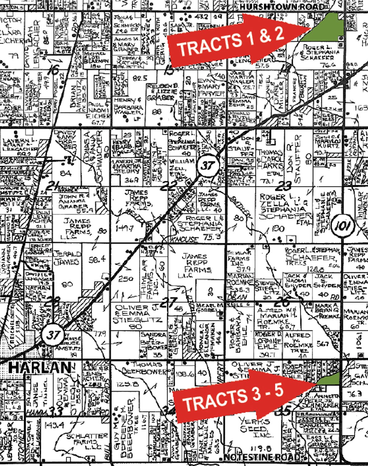 Plat map - 51.5 Acres Offered in 5 tracts, 2 Farm Sites