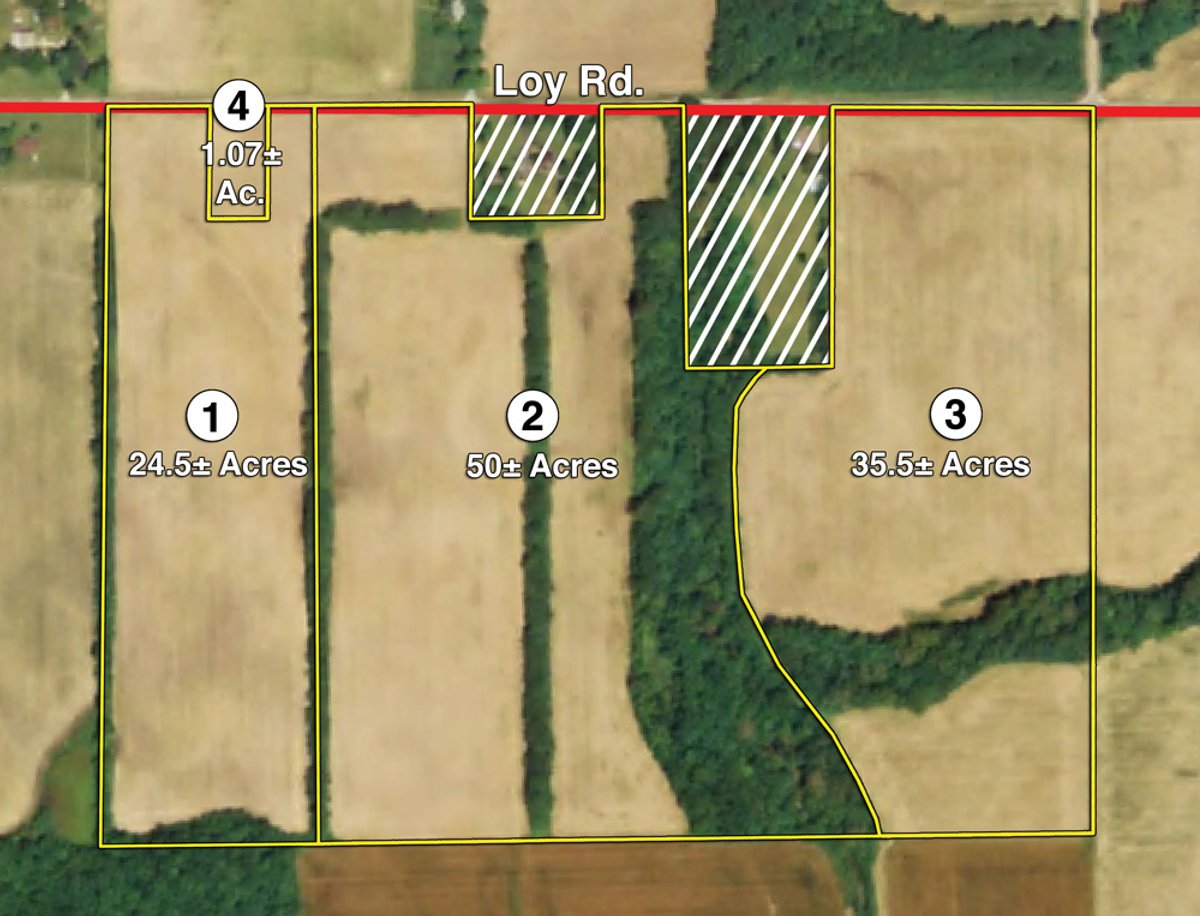 Tract map - Land Auction: 111 Acres in 4 Tracts, Mostly Productive Tillable Land, Woods, Building Site