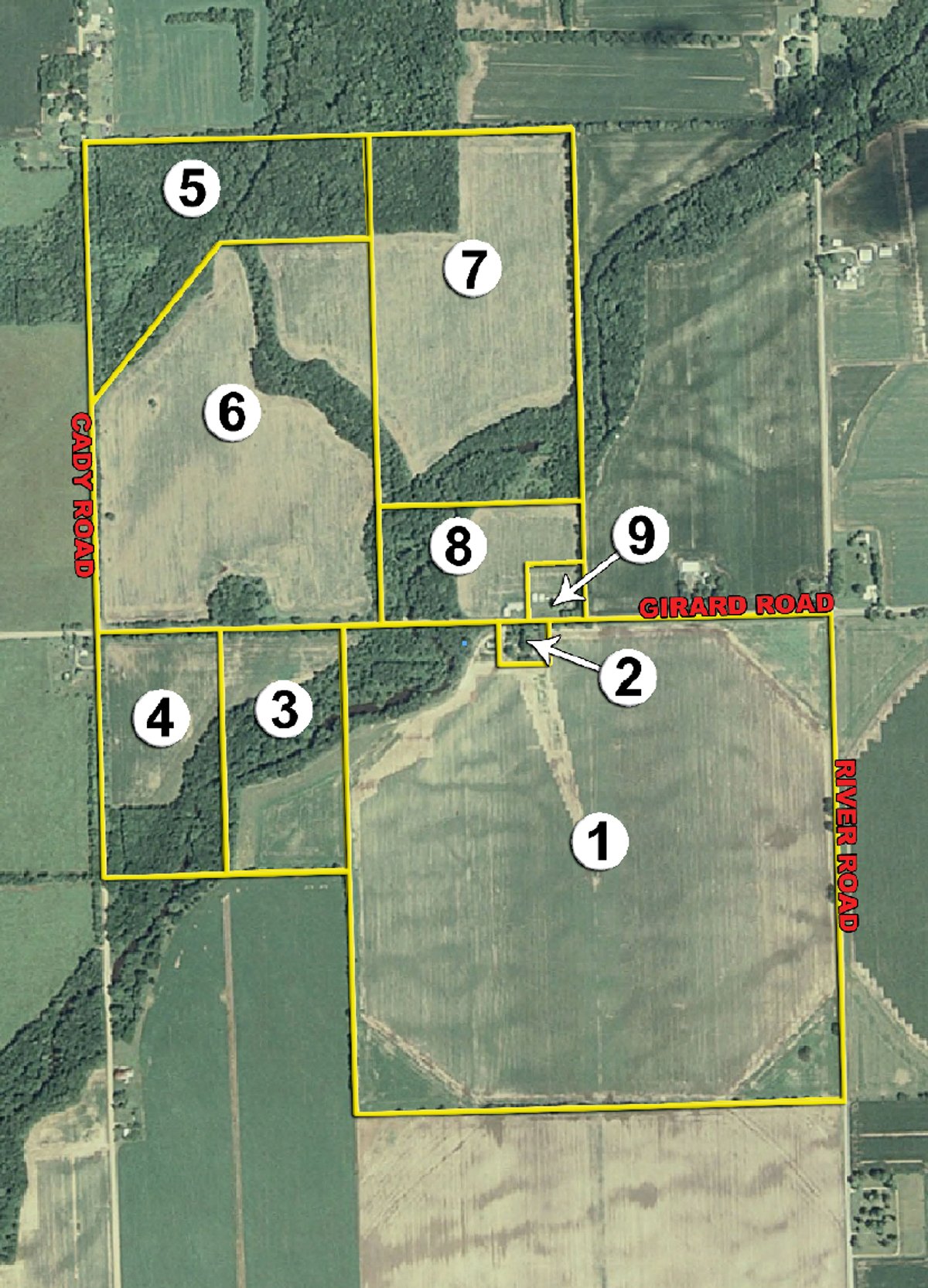 Tract map - 363 Acres Offered in 9 Tracts