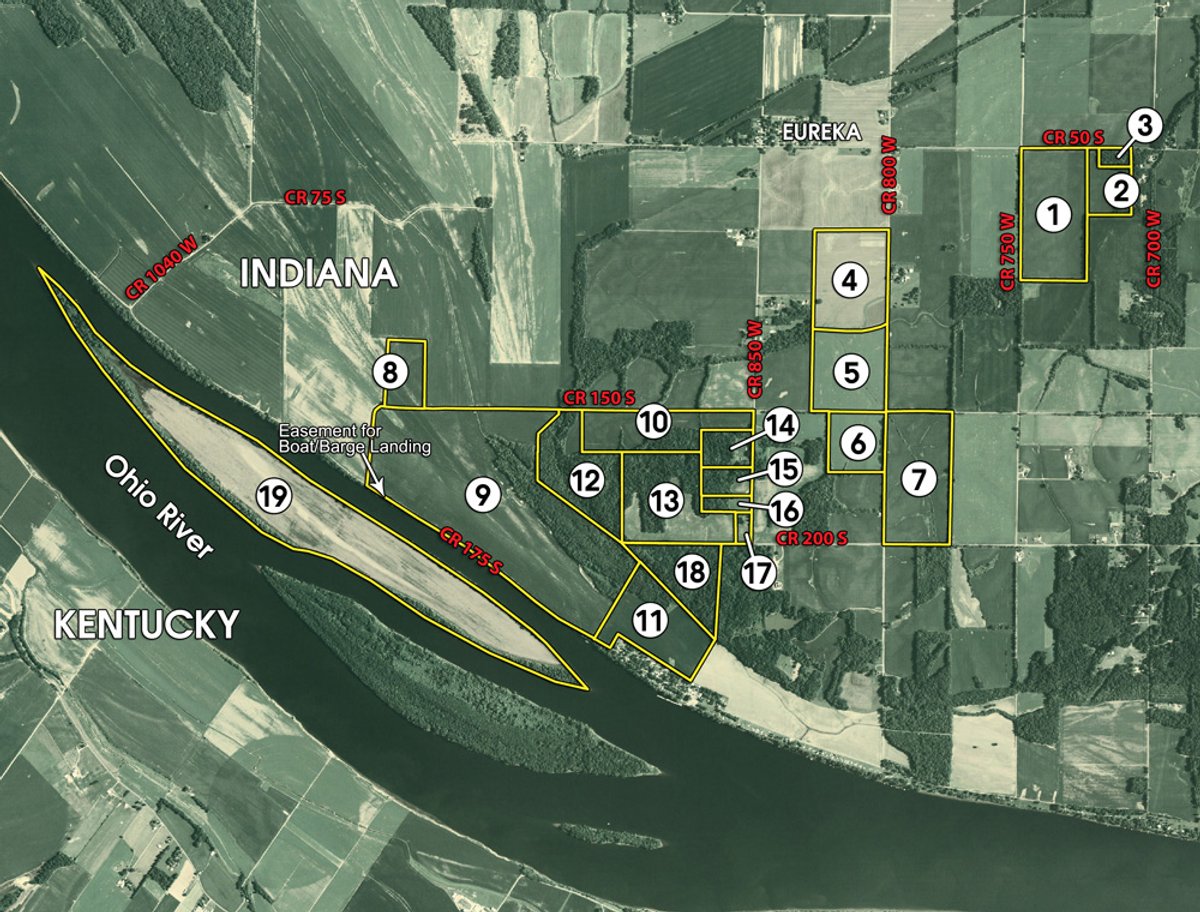 Tract map - 1,288 Acre Land Auction in 19 Tracts. 903 Tillable Acres and Mature Timber