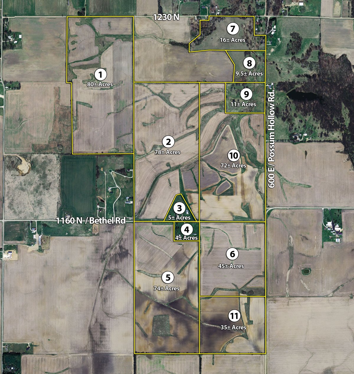 Tract map - 426 Acres Offered in 11 Tracts Ranging from 4+/- to 80+/- Acres