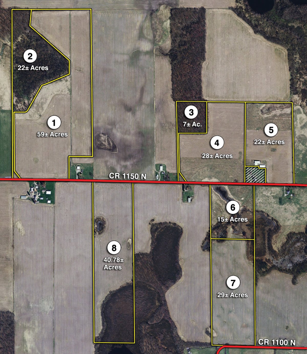 Tract map - 223+/- Acres Offered in 8 Tracts - Tillable Farmland, Hunting and/or Future Building Sites