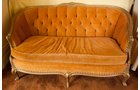 Pair of identical french provincial loveseat sofa ft.s. Wood framed. Apricot colored velvet upholstery. Channel and tufted. Dimensions 31 in. x 56 in. - Extraordinary Auction - Nike Spillson Home Interiors & Furnishings