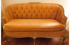 Pair of identical french provincial loveseat sofa ft.s. Wood framed. Apricot colored velvet upholstery. Channel and tufted. Dimensions 31 in. x 56 in. - Extraordinary Auction - Nike Spillson Home Interiors & Furnishings
