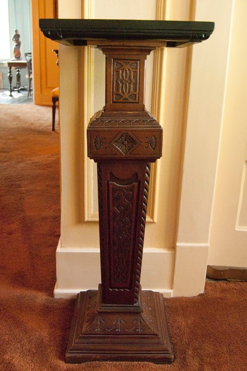 Eastlake Pedestal. Ebony top with walnut carved base. 38 in. height 12 in. x 16 in. top - Extraordinary Auction - Nike Spillson Home Interiors & Furnishings
