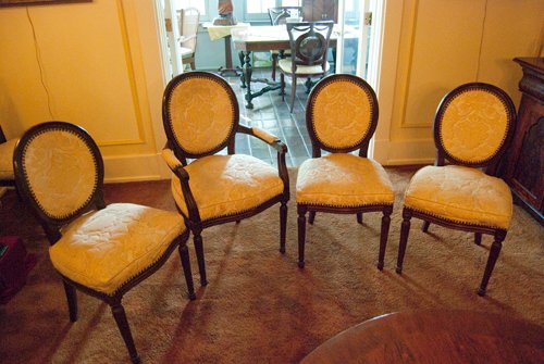 Vintage Set of 3 Ladies Chairs plus one armchair. Fruitwood walnut stained balloon back. Quilted gold brocade upholstery. Seat Dimensions 20 in.  - Extraordinary Auction - Nike Spillson Home Interiors & Furnishings