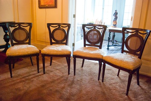Set of 4 Italian fruitwood Cane back Gentlemen ft.s Chairs. Quilted gold brocade upholstery. Seat Dimension 21.5 in. - Extraordinary Auction - Nike Spillson Home Interiors & Furnishings