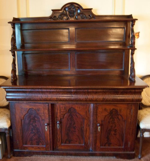 2 piece 1840-1850 Mahogany sideboard Empire style grape trim. Kingswood veneer inlay. 2 tiered shelves. 5.4 ft. X 74 in. height  - Extraordinary Auction - Nike Spillson Home Interiors & Furnishings