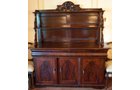 2 piece 1840-1850 Mahogany sideboard Empire style grape trim. Kingswood veneer inlay. 2 tiered shelves. 5.4 ft. X 74 in. height  - Extraordinary Auction - Nike Spillson Home Interiors & Furnishings