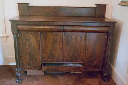 Empire style Mahogany sideboard with secret drawer and claw feet. 66 in. x 24 in. Dimensions 16 in. round x 18 in. Height - Extraordinary Auction - Nike Spillson Home Interiors & Furnishings