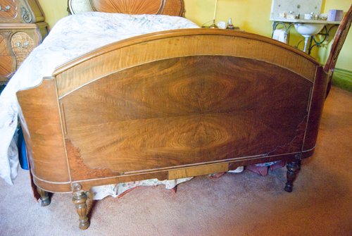 3 Piece Bedroom Suite French 20s style. Maple with Marquetry Decoration Dresser with Mirror Double bed headboard and footboard and Chest on Chest Highboy - Extraordinary Auction - Nike Spillson Home Interiors & Furnishings