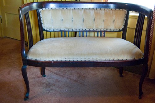 Settee with Mahogany wood trim. Velvet Upholstery - Extraordinary Auction - Nike Spillson Home Interiors & Furnishings