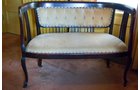 Settee with Mahogany wood trim. Velvet Upholstery - Extraordinary Auction - Nike Spillson Home Interiors & Furnishings