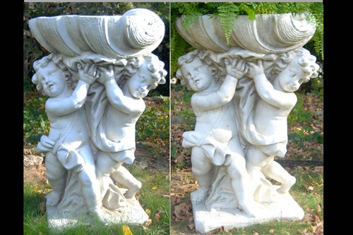 Pair of Fiberglass Shell Bearing Dancing Cupid Bambinos birdbaths. 35 in.H x 24 in.W - Extraordinary Auction - Nike Spillson Home Interiors & Furnishings