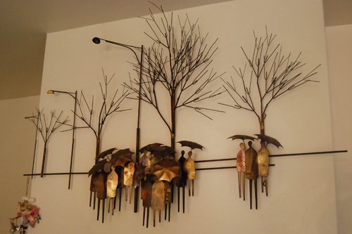 Artisan Brass finish wall mounted metal sculptures of  in.Paris when it Rains in. 44 in.L x 29 in.H <br> Artisan Brass finish wall mounted metal sculptures of  in.Paris Cafe in. 45 in.L x 22 in.H - Extraordinary Auction - Nike Spillson Home Interiors & Furnishings
