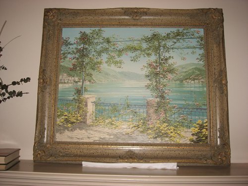 Museum Shop Brush Strokes Collection Certificate of authenticity Artist Approved reproduction painting Artist enhanced limited edition 330 out of 500 copyright 1997 Artist Liliana Frasca Title Lake Como Landscape 24 in. x 30 in. Canvas 32 in. X 38 in. Frame - Extraordinary Auction - Nike Spillson Home Interiors & Furnishings