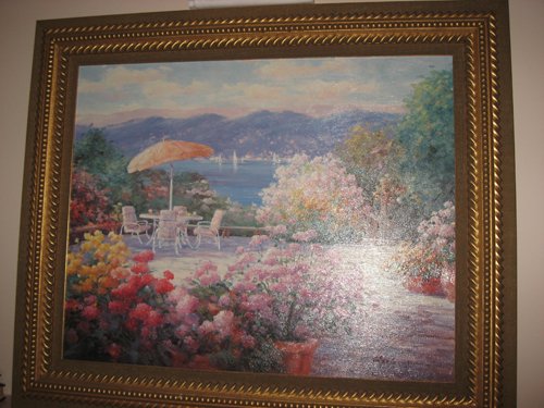 Reproduction Canvas transferred print Artist Charles Zhan Mediterranean Terrace Landscape 23.5 in. x 29.5 in. Canvas 38 in. x 32 in. Frame - Extraordinary Auction - Nike Spillson Home Interiors & Furnishings