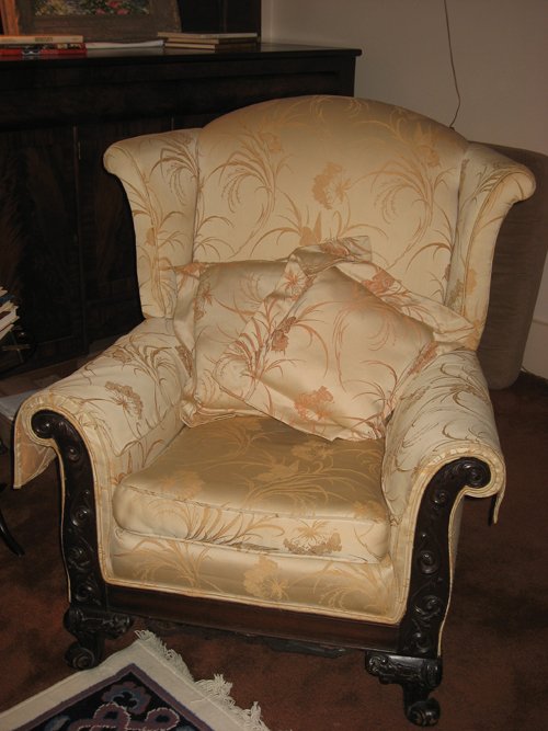 Martha Washington Wingback Chair recently upholstered Richly carved wooden trim. - Extraordinary Auction - Nike Spillson Home Interiors & Furnishings