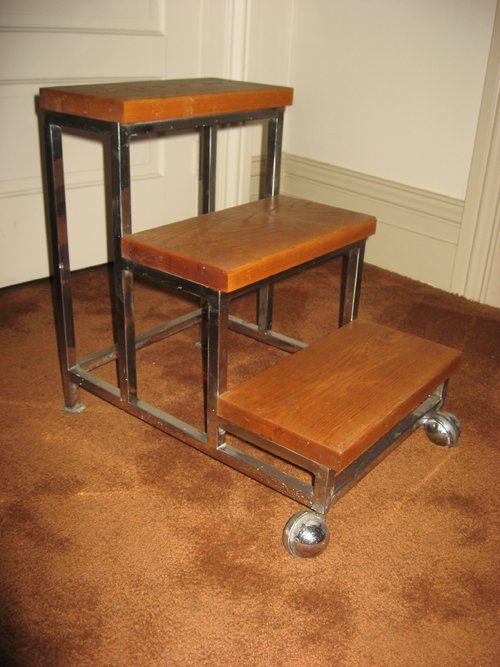 Late 1970s Dunbar step stool can double as end table. Chrome ball casters. - Extraordinary Auction - Nike Spillson Home Interiors & Furnishings
