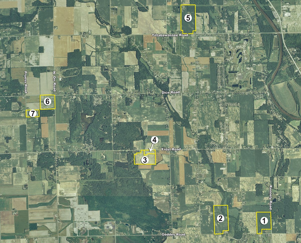 Tract map - 323+/- Acres Offered in 7 Tracts with 282+/- FSA Tillable Acres
