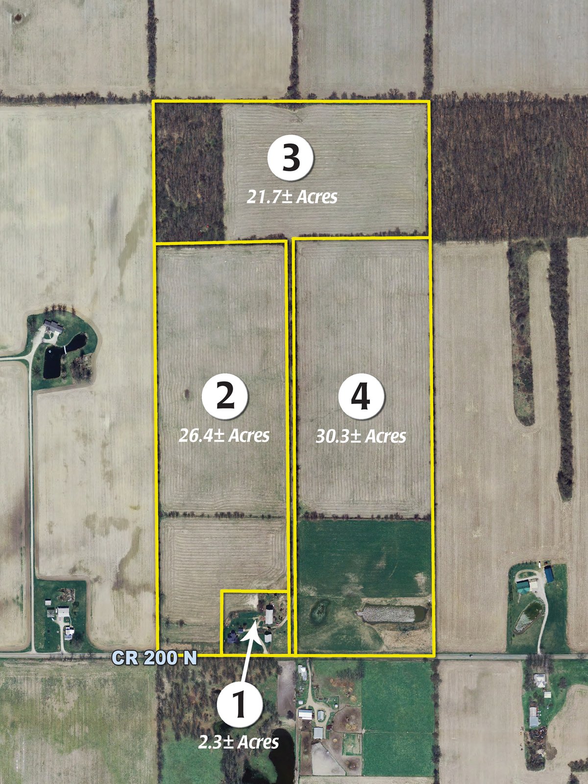 Tract map - 80 Acres & Home - Property Offered in 4 Tracts from 2.3 to 30.0 Acres