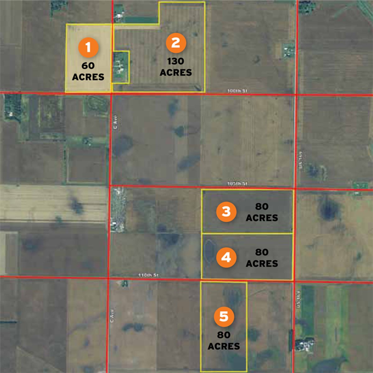 Tract map - 430+/- Acres Offered in 5 Tracts