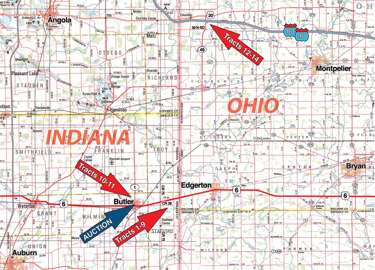 Area map - 452+/- Acres Offered in 14 Tracts - DeKalb County, Indiana and Williams County, Ohio
