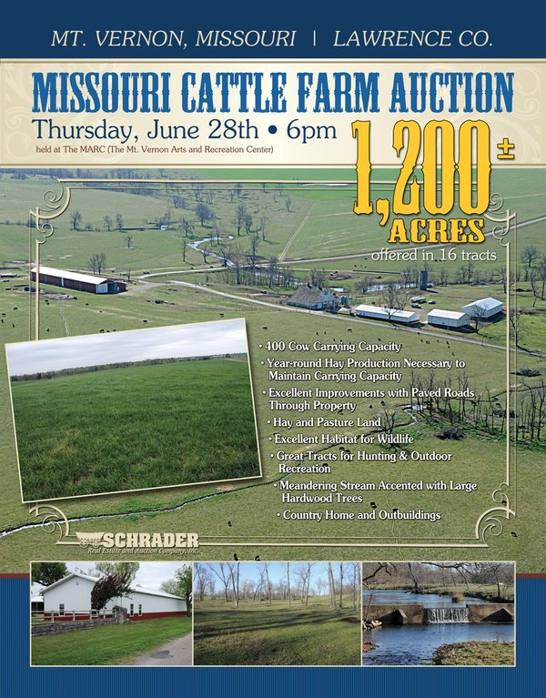 Sold: Cattle Farm Land Auction, 1,200 Acres in 16 Tracts, Hay & Pasture Land, Woods, Excellent Improvements - Mt. Vernon, Missouri, Lawrence Co. / 35 Miles West of Springfield