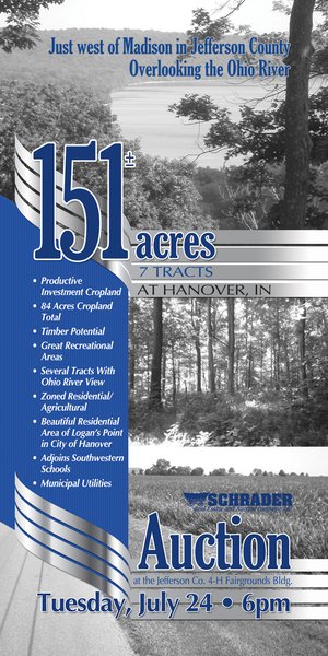 Sold: 151+/- Acres offered in 7 Tracts - Premier Land Auction - Hanover College - Hanover, IN. Just west of Madison in Jefferson County, Overlooking the Ohio River near Hanover College.