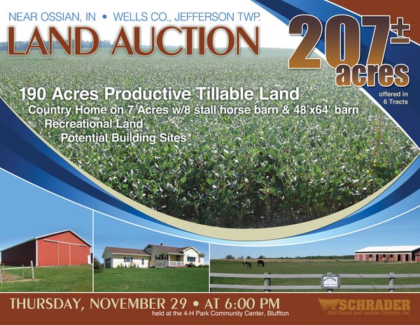 Sold: 207+/- Acres Offered in 6 Tracts Land Auction - Jefferson Twp., Wells County, Indiana - Near Ossian
