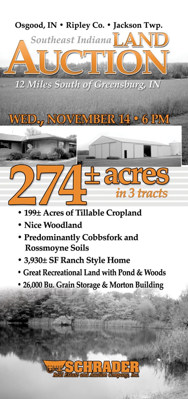 Sold: 274 +/- Acres Offered in 3 Tracts - Real Estate Auction - Osgood, IN - Ripley Co. - Jackson Twp; 12 Miles South of Greensburg, IN