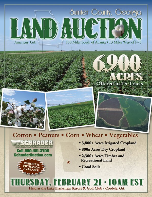 Sold: 6,900 Acre Land Auction Offered in 15 Tracts - 3,800 Acres Irrigated - Americus, Georgia - Sumter County. 10 Miles Southeast of Americus, GA, 13 Miles West of I-75/Cordele, 150 Miles South of Atlanta,