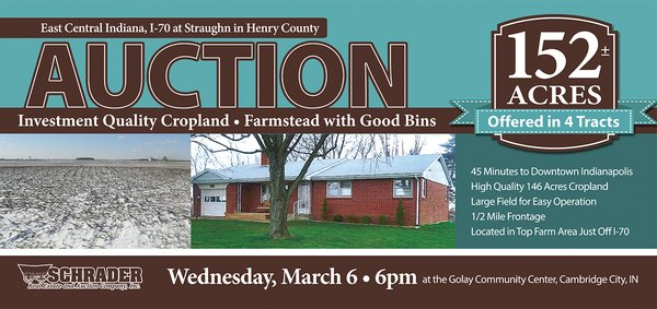 Sold: 152+/- Acres Offered in 4 Tracts of Investment Quality Cropland and Farmland with Good Bins Auction - East Central Indiana, I-70 at Straughn in Henry County