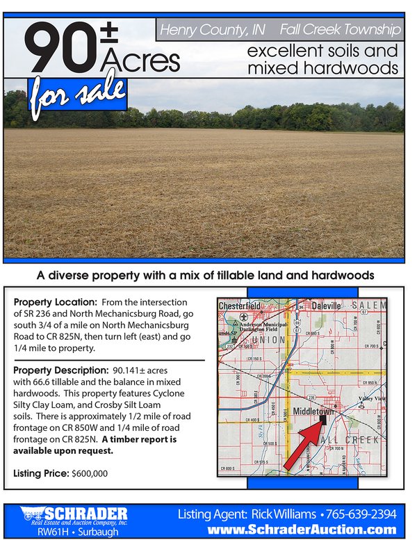 Listing brochure cover - 90.141 Acres with 66.6 Tillable and the Balance in Mixed Hardwoods