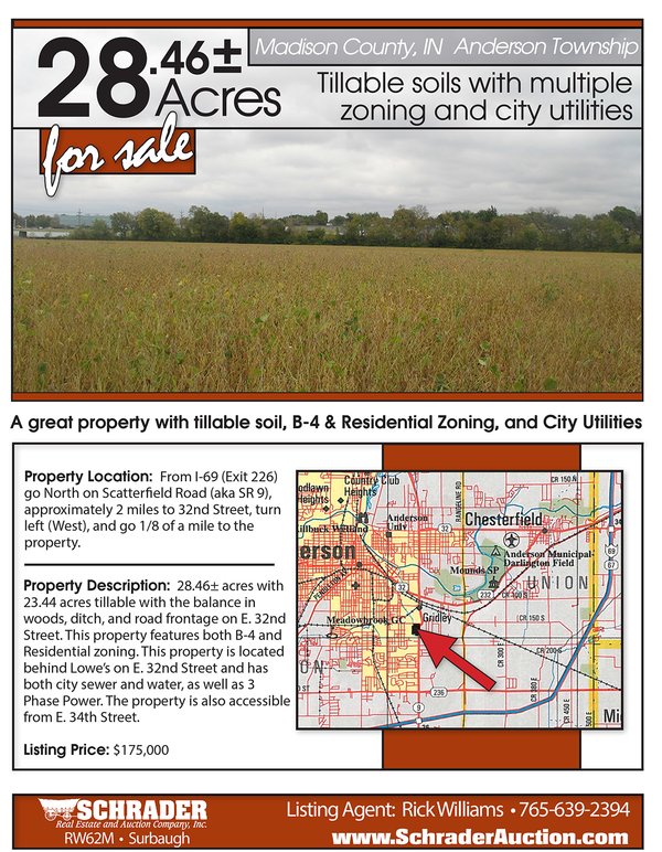 Listing brochure cover - 28.46 Acres with 23.44 Acres Tillable with the Balance in Woods, Ditch & Road Frontage